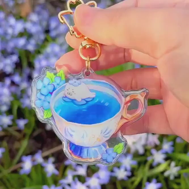 Seal Blue Tea Acrylic Charm | Double-sided Clear Acrylic Keychain | Kawaii Cute Animal Keychain