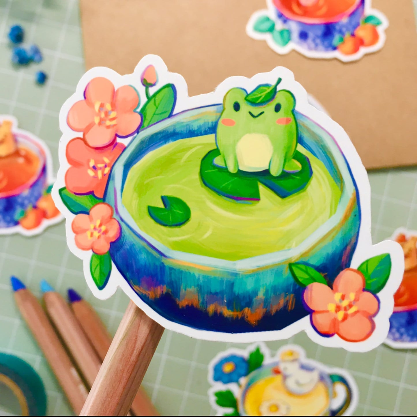 Froggo Green Tea | Waterproof Vinyl Sticker | Laptop Decal | kawaii stickers