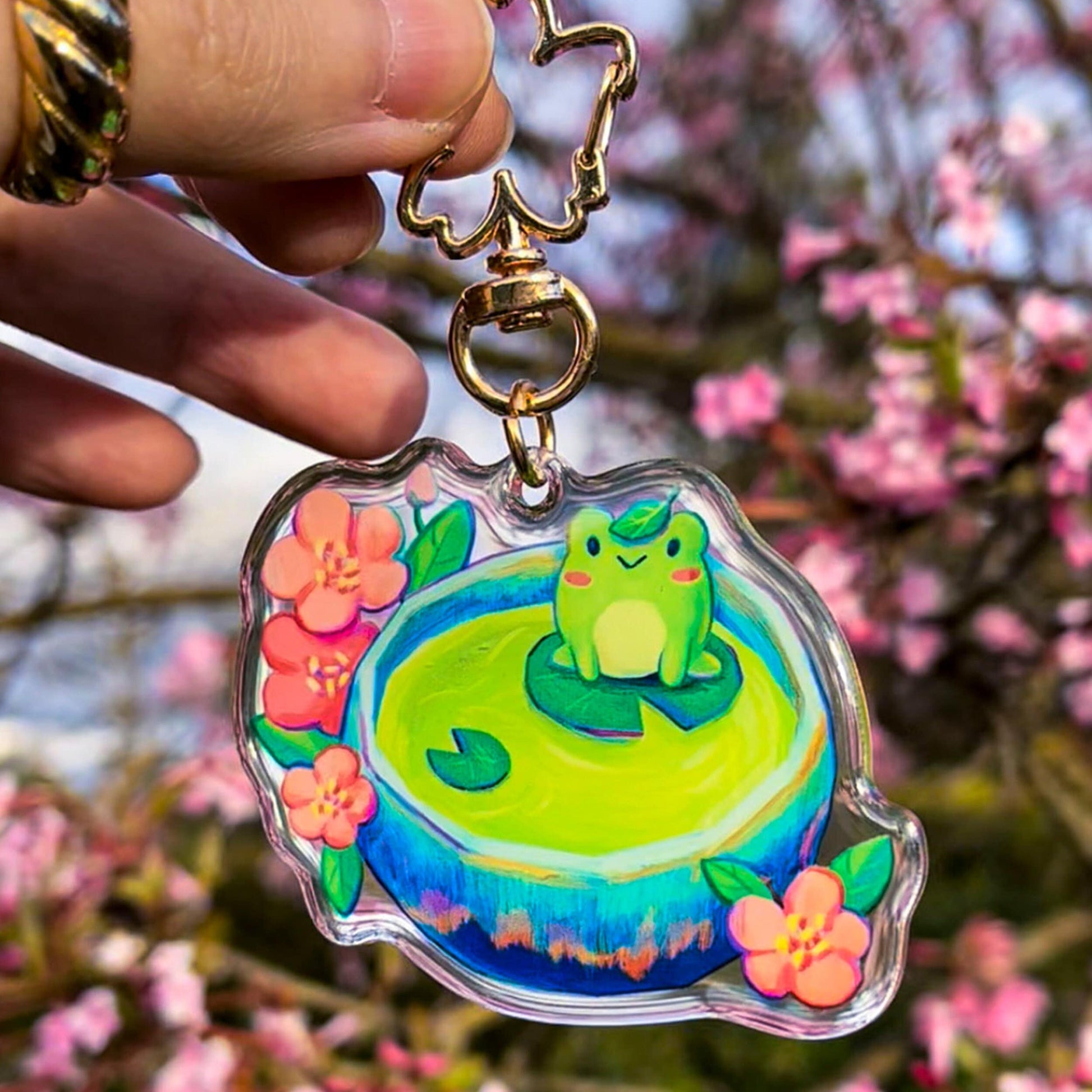 Frog Green Tea Acrylic Charm | Double-sided Clear Acrylic Keychain | Kawaii Cute Animal Keychain