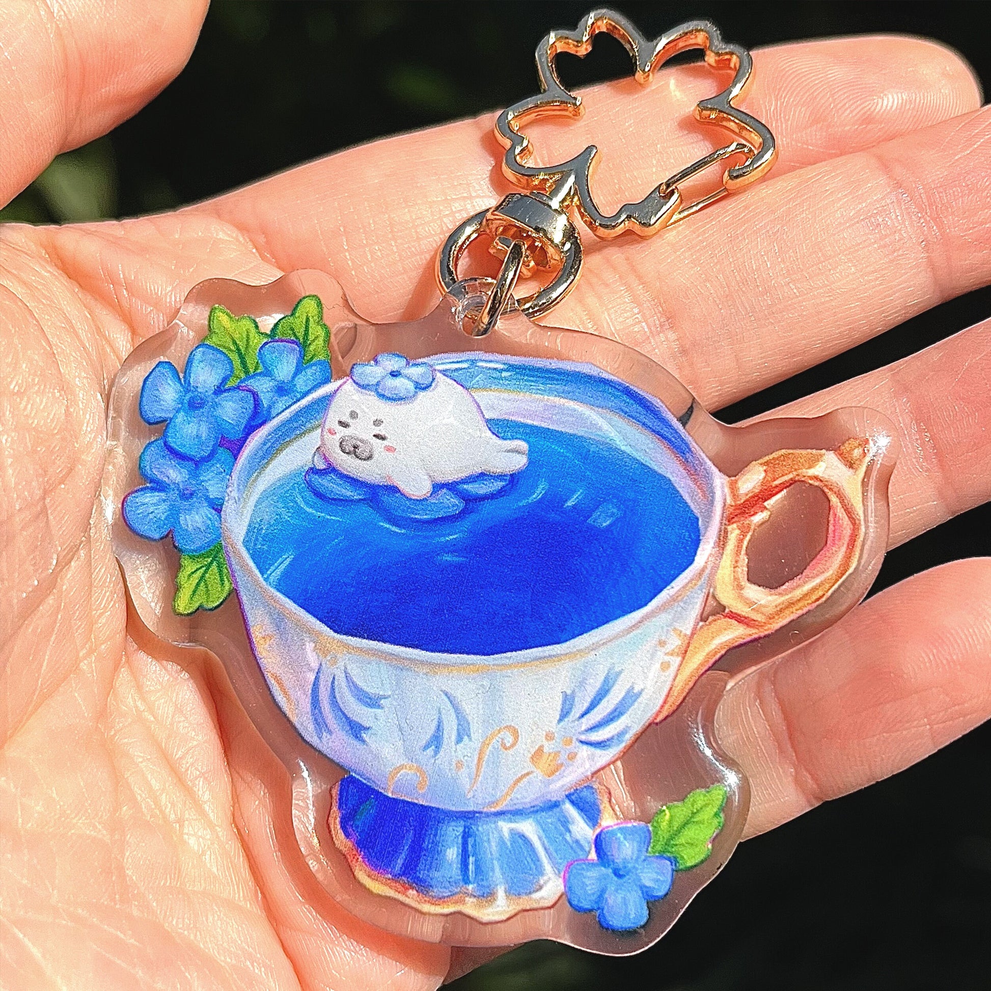 Seal Blue Tea Acrylic Charm | Double-sided Clear Acrylic Keychain | Kawaii Cute Animal Keychain